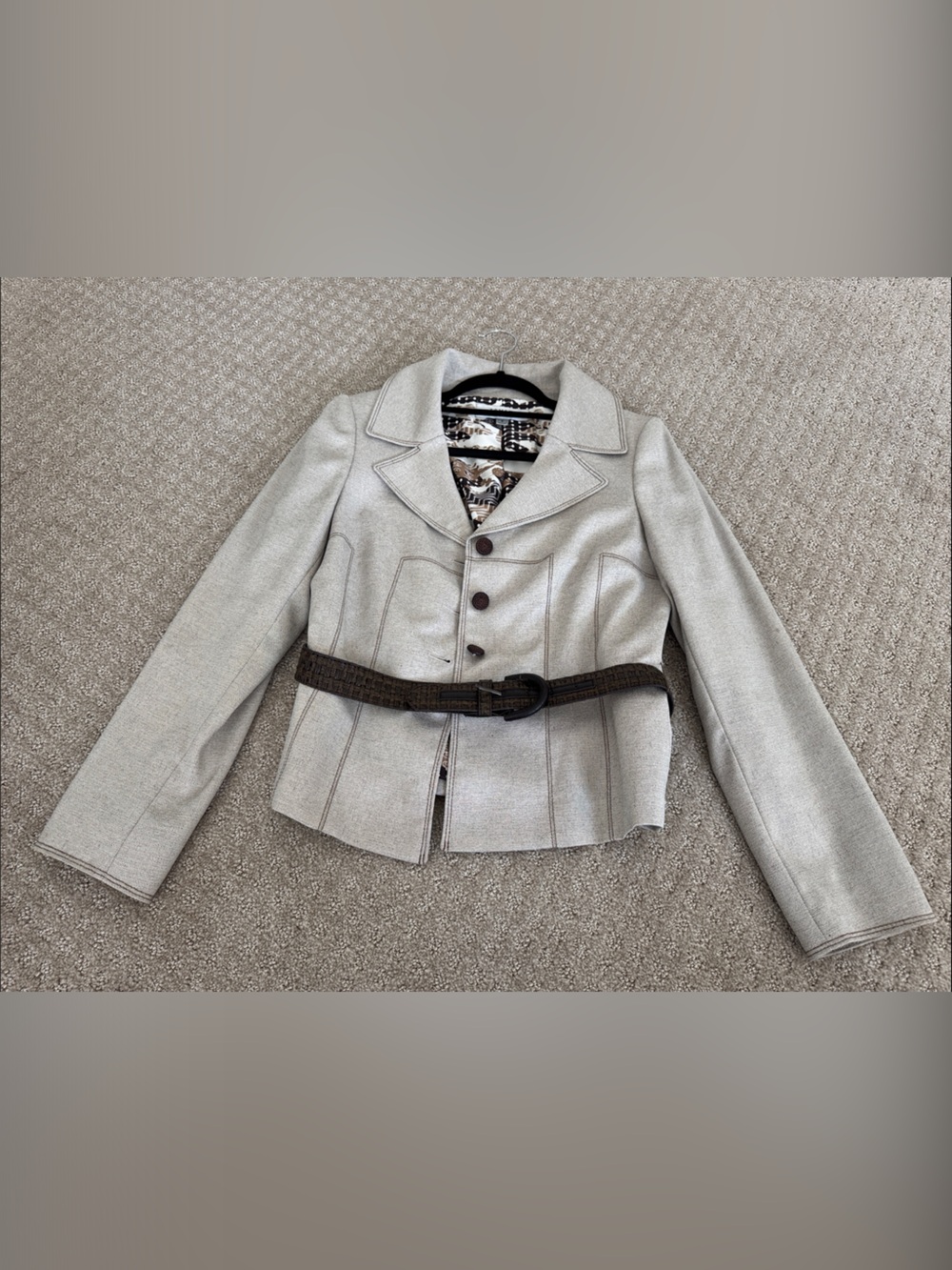 Tahari Cream Peplum Blazer with Dark Brown Belt